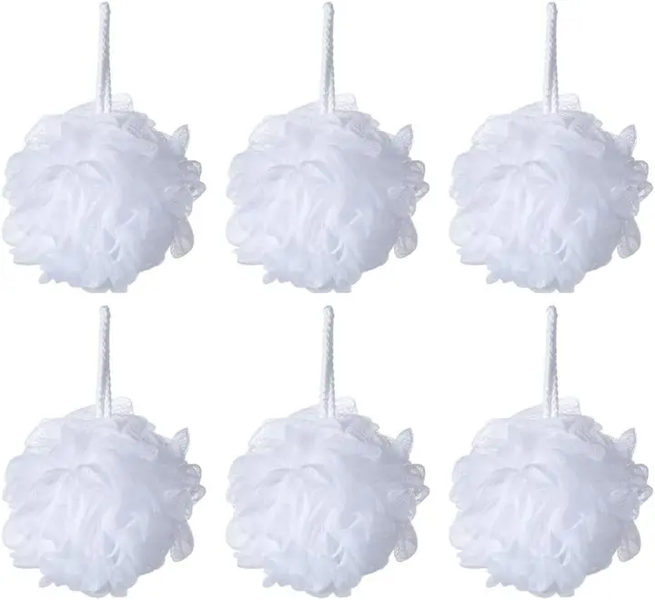 Mesh Bath Loofah Shower Pouf — Pack of 6 White Sponges